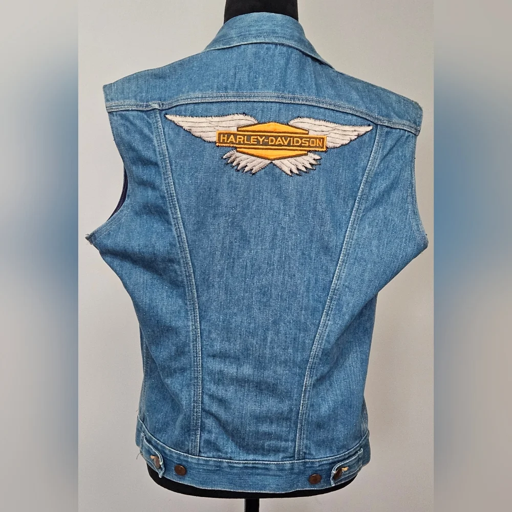 Wrangler Vintage 70s Cut-Off Denim Jacket Vest w/ Harley Davidson Vintage Patch - Picture 3 of 11